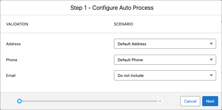 The configuration modal for auto process, with the Default Address and Default Phone scenarios selected for the Address and Phone fields respectively. The Email field is set to 